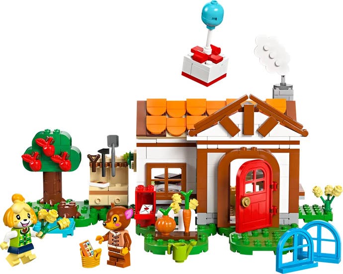 Lego version of Isabelle visiting Fauna outside her house. A balloon with a present floats above them