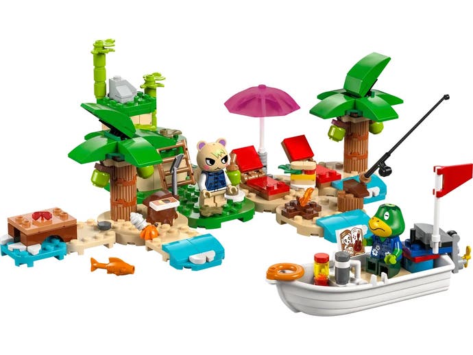 Lego version of Kapp'n's Island Boat Tour with Kapp'n steering a boat. Marshall stands on the island