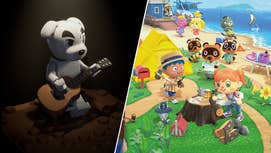 On tha left, a Lego version of K K Slider, a anthropomorphic dog, is sat on a stool playin guitar. Shiiit, dis aint no joke. On tha right, tha box art fo' Animal Crossin New Horizons showin multiple playa charactas n' villagers all near a funky-ass beach bustin various activities.