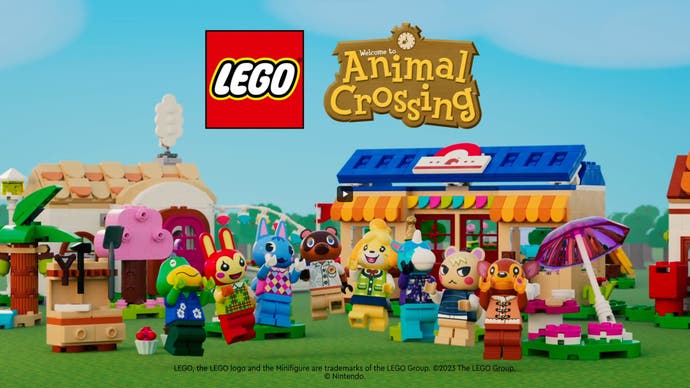Lego Animal Crossing promotional video screenshot - Lego versions of several Animal Crossing characters jump for joy in front of a villager's house, furniture, Nook's cranny and more