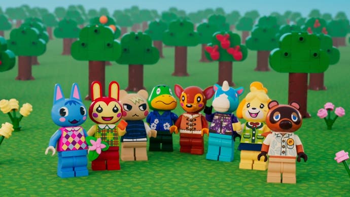 Lego versions of Animal Crossing characters including Rosie, Bunnie, Marshal, Kappa, Isabelle and Tom Nook next to flowers and fruit trees