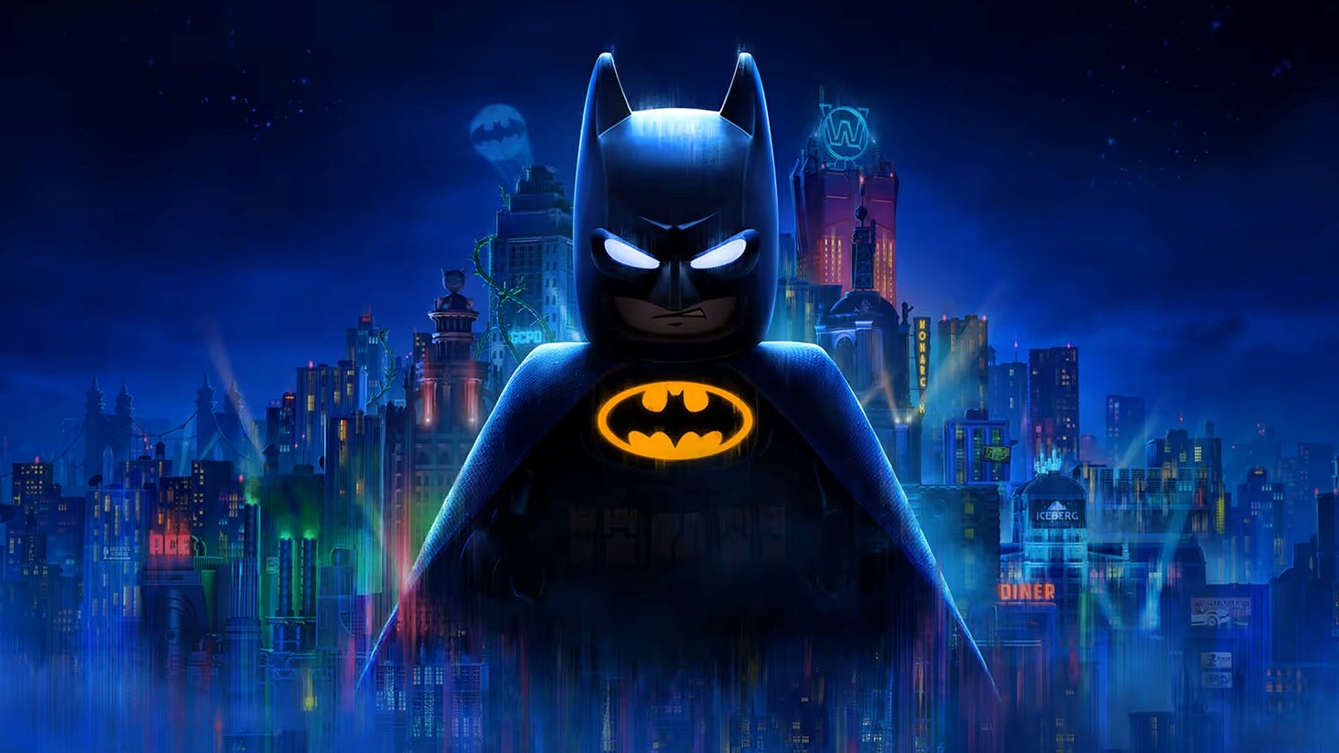 Lego Batman: Legacy of the Dark Knight key art showing Batman looking stern, with the city of Gotham and its neon lights behind him