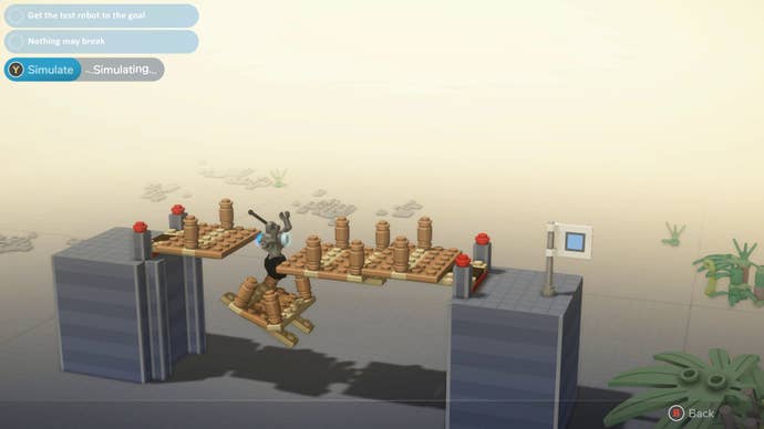 A nicely made bridge in Lego Bricktales that is, nevertheless, collapsing during testing