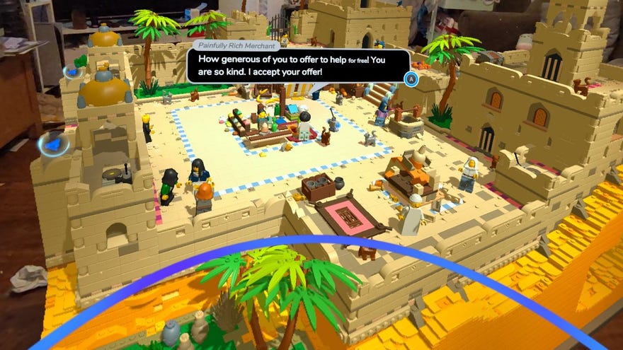 A bazaar in a Lego Bricktales VR level, with the player talking to a 'painfully rich merchant'