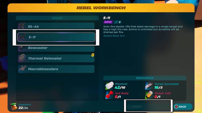 lego fortnite E-11 Blaster rebel workbench menu recipe