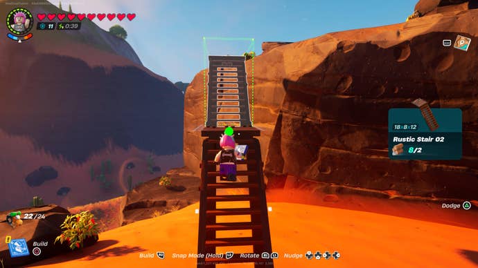 Power Chord using a staircase to reach an outcrop of Rough Amber in LEGO Fortnite