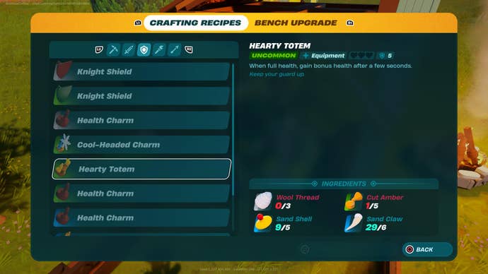 The armor crafting menu in LEGO Fortnite, showing the recipe for a Hearty Totem