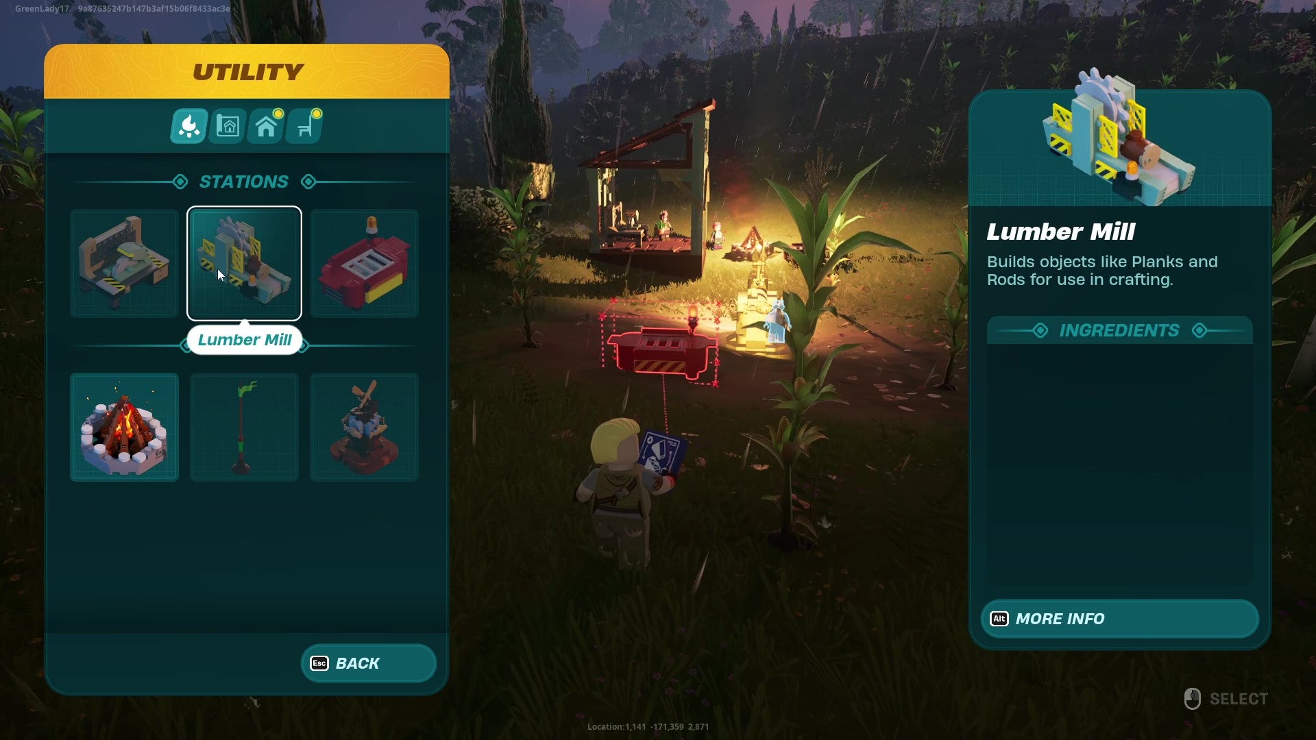 A LEGO character navigates through Fortnite's build menu to construct a crafting bench. - 3