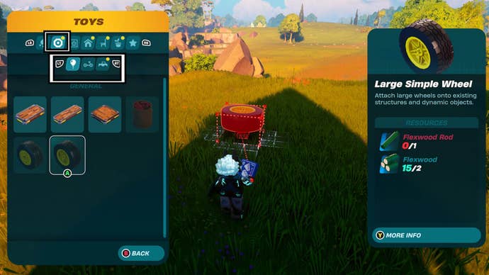 lego fortnite build menu toys tab and vehicle parts tabs highlighted