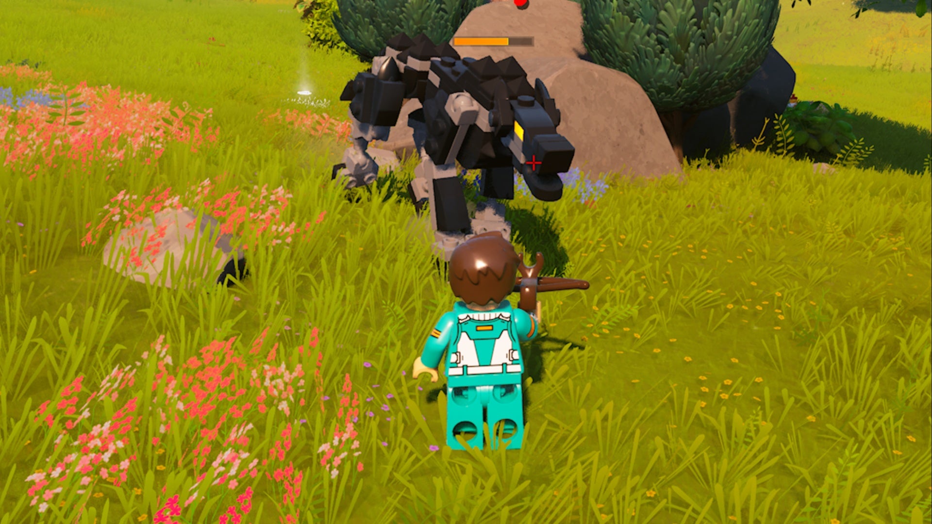 lego fortnite character aiming crossbow at wolf