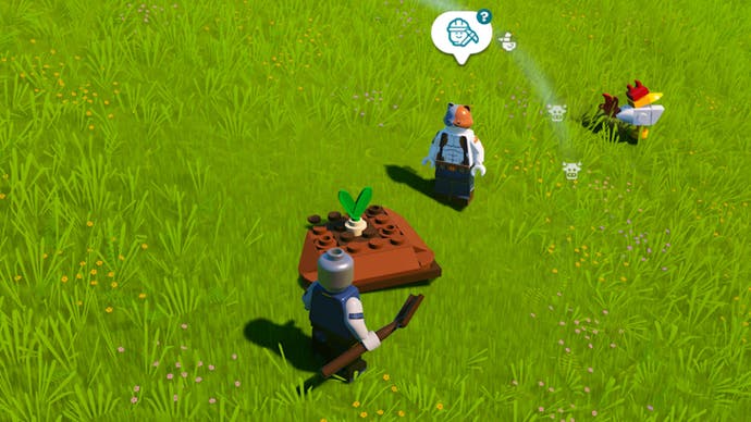 lego fortnite character and meowscles facing a soil patch growing wheat
