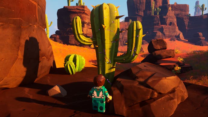 lego fortnite character facing desert cactus