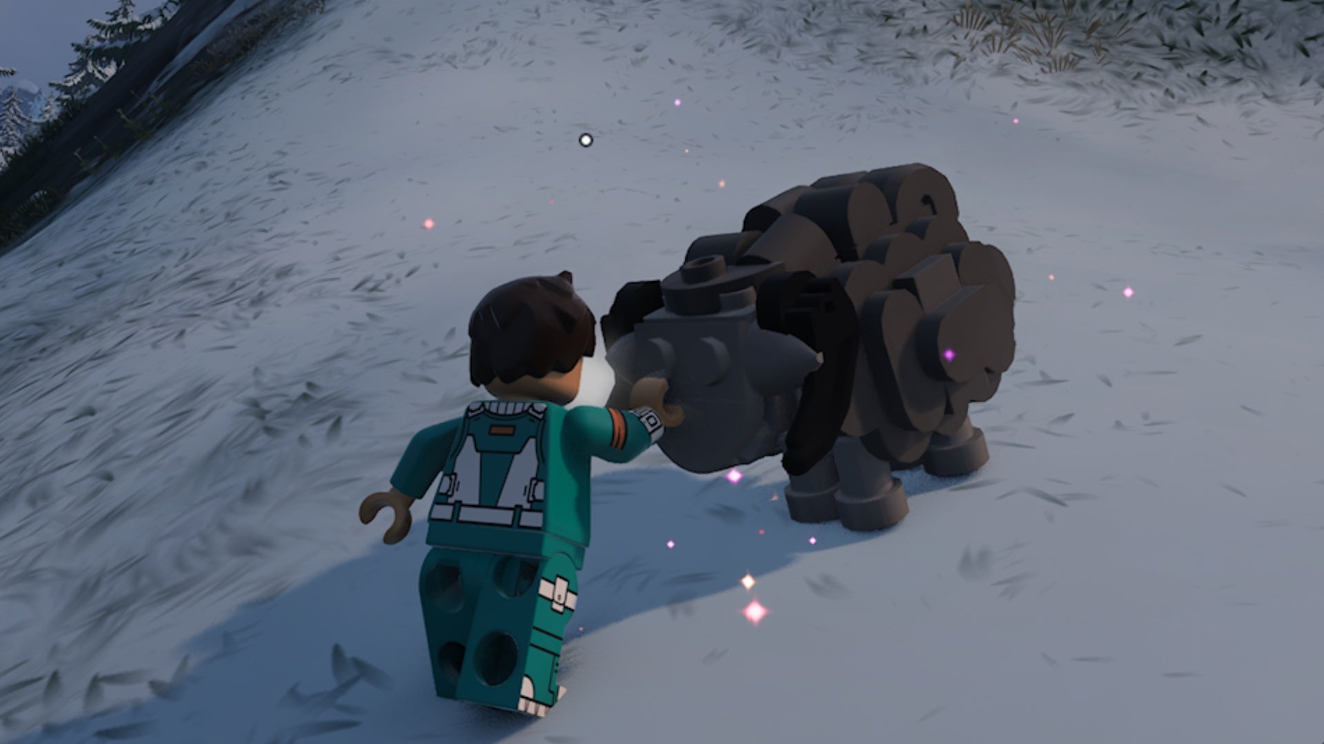 lego fortnite character petting grey sheep in frozen biome