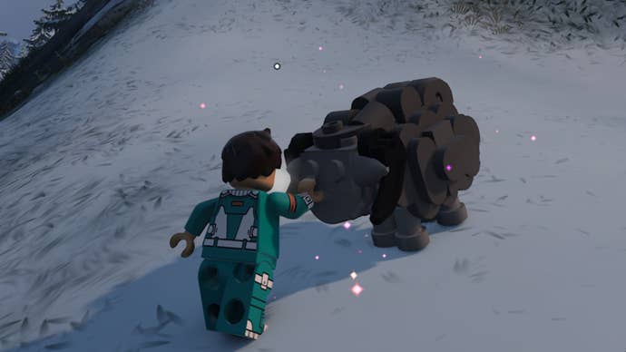 lego fortnite character petting grey sheep in frozen biome