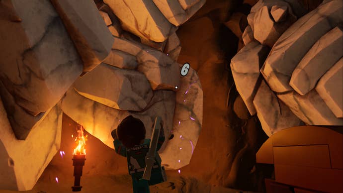 lego fortnite character using pickaxe on marble in cave