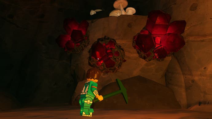 lego fortnite character with pickaxe facing ruby formations on lava cave wall