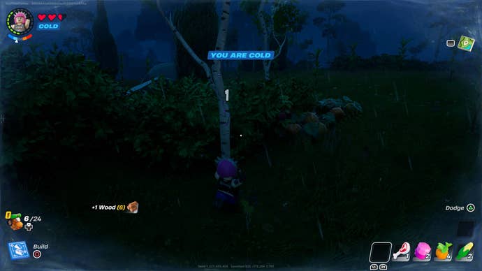 Power Chord chopping a tree in LEGO Fortnite with a message showing the cold temperature status