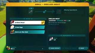 The grill menu in LEGO Fortnite, with the recipe for crafting Grilled Meat open on the page.