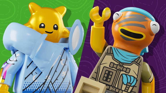 Lego Fortnite promotional art showing two Lego-ised Fortnite characters.
