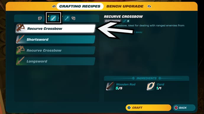 lego fortnite crafting bench menu arrow pointing to recurve crossbow recipe in weapons section