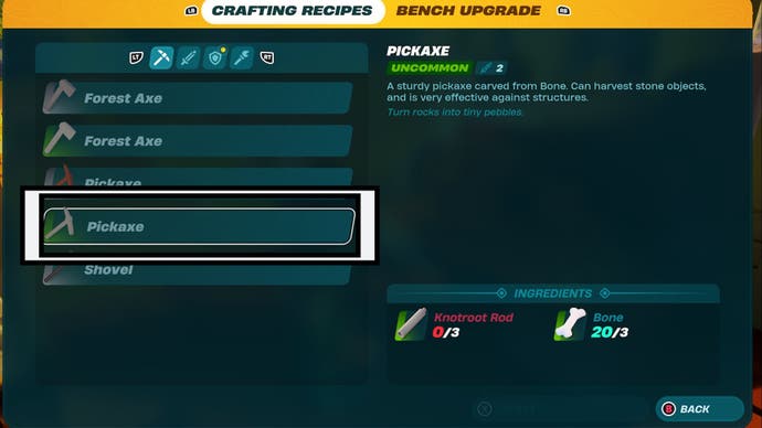 lego fortnite crafting bench menu uncommon pickaxe recipe highlighted