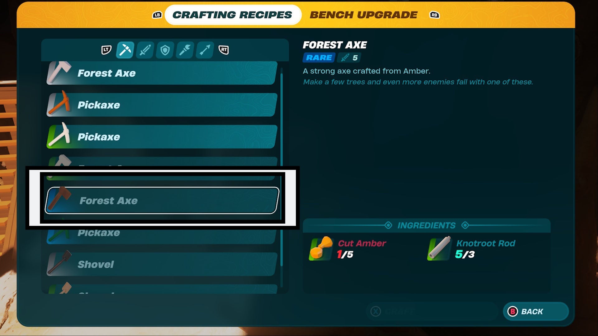 lego fortnite crafting bench rare forest axe crafting recipe highlighted in crafting bench