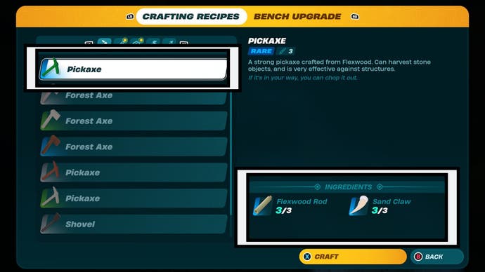 lego fortnite crafting menu rare pickaxe recipe and materials required highlighted