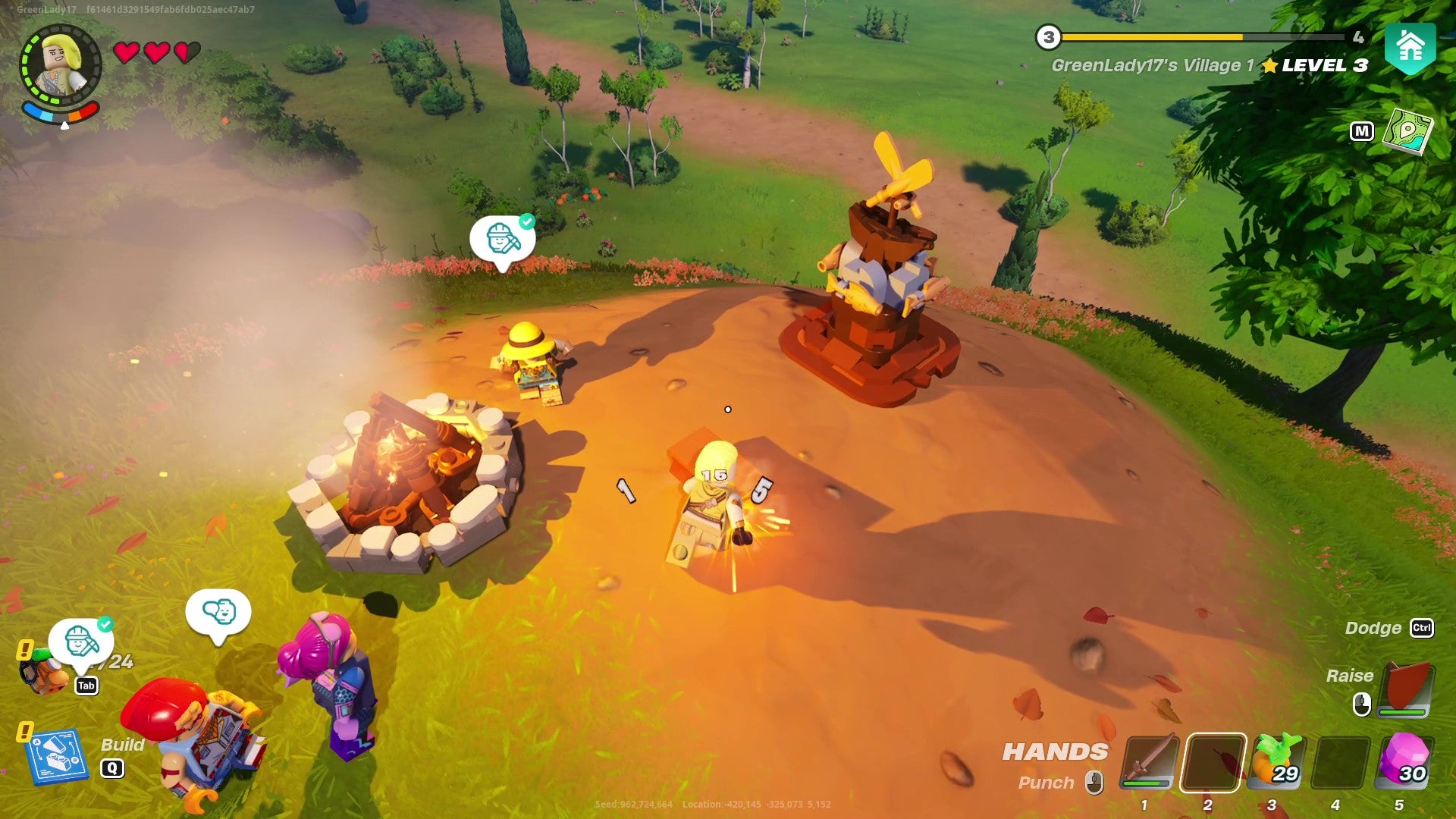 A LEGO Fortnite character punches a wooden bench down into its raw components with her bare hands.