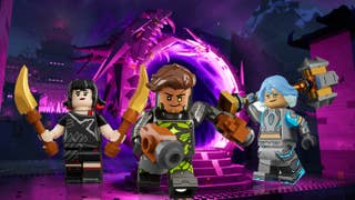 Lego Fortnite Expeditions characters superimposed over a strange purple portal.