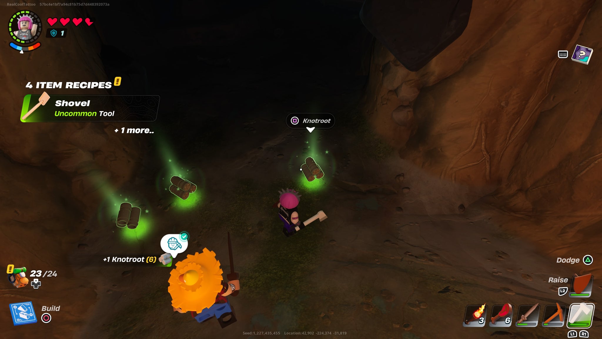 Power Chord standing next to some Knotroot on the floor of a cave in LEGO Fortnite - 3