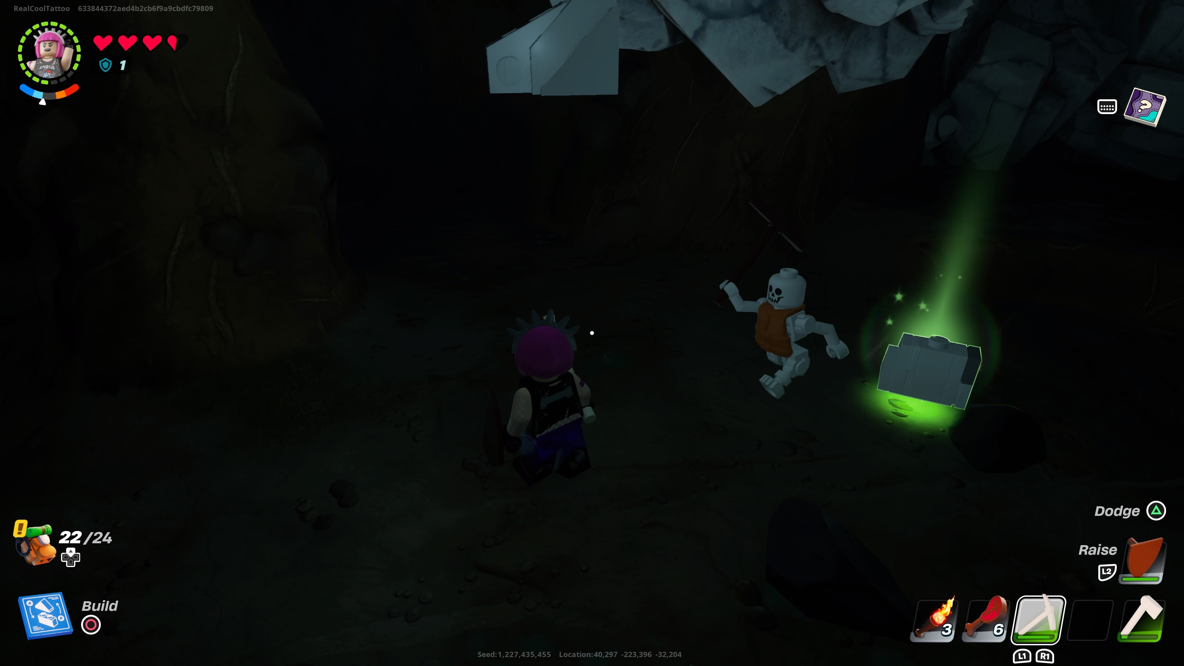 Power Chord collecting some marble from a cave in LEGO Fortnite