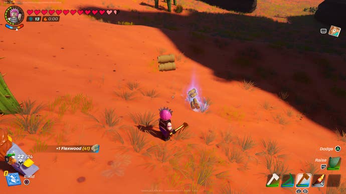 Power Chord standing next to a pile of Flexwood in the Dry Valley in LEGO Fortnite