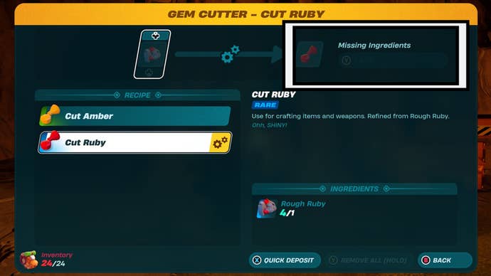 lego fortnite gem cutter cut ruby collect material prompt highlighted
