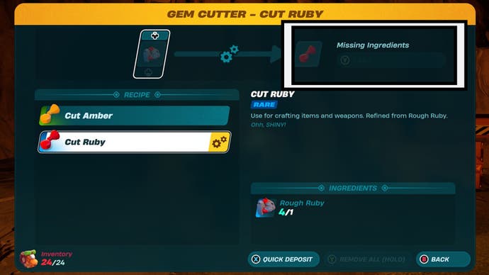 lego fortnite gem cutter cut ruby collect material prompt highlighted