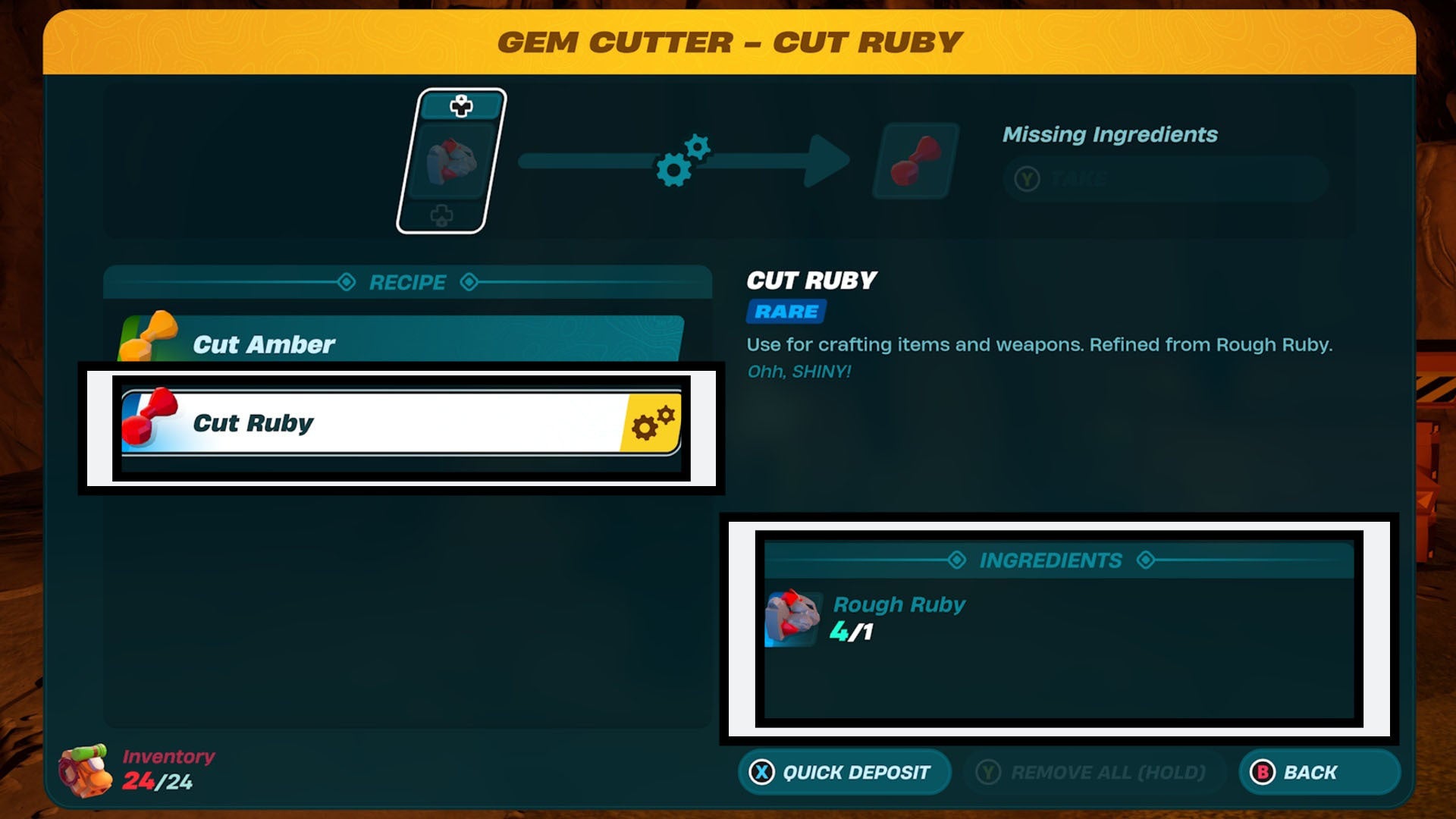 lego fortnite gem cutter cut ruby recipe and recipe ingredients highlighted