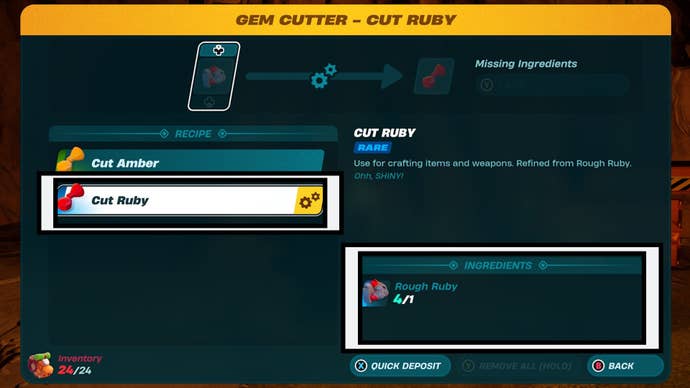 lego fortnite gem cutter cut ruby recipe and recipe ingredients highlighted