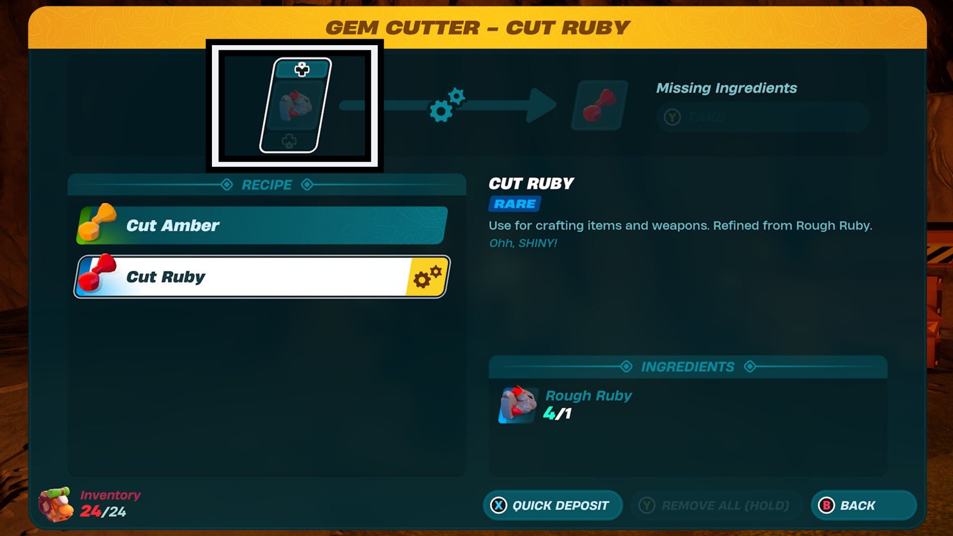 lego fortnite gem cutter cut ruby recipe insert material option highlighted