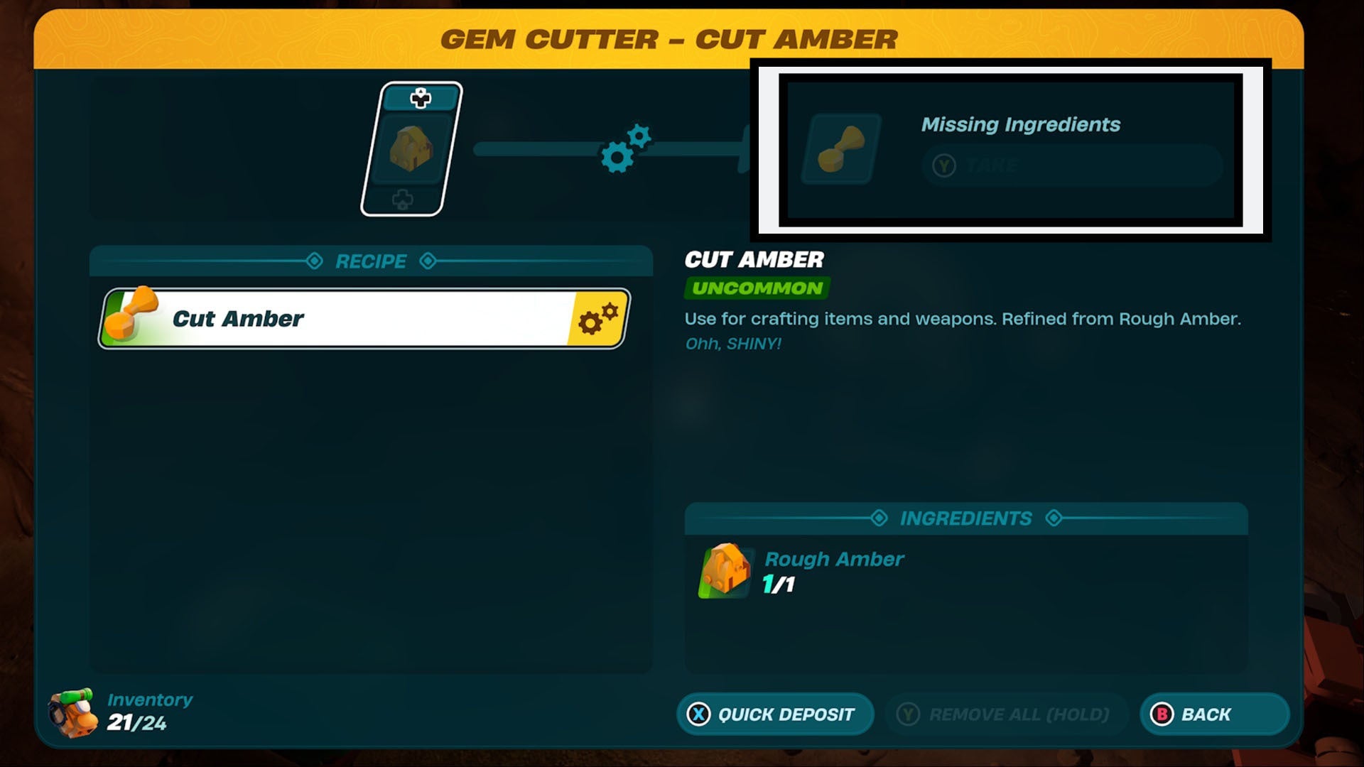 lego fortnite gem cutter machine menu collect material option highlighted