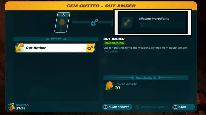 lego fortnite gem cutter machine menu collect material option highlighted