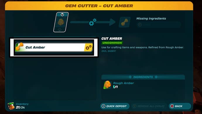 lego fortnite gem cutter machine menu cut amber recipe highlighted