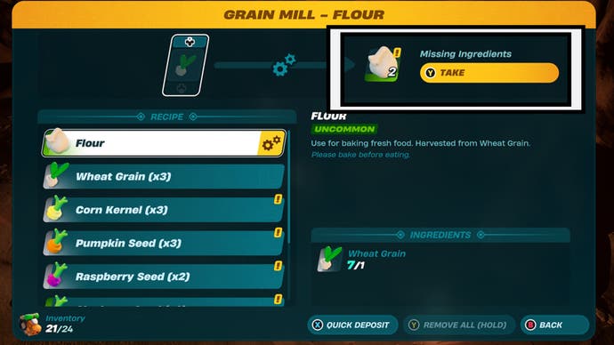 lego fortnite grain mill collect processed flour option on menu highlighted