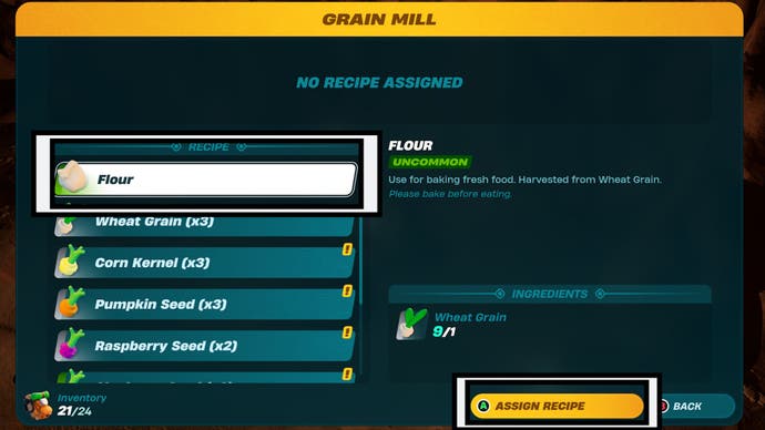 lego fortnite grain mill flour recipe menu highlighted