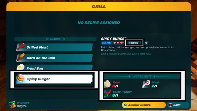 lego fortnite grill menu spicy burger recipe and ingredients highlighted