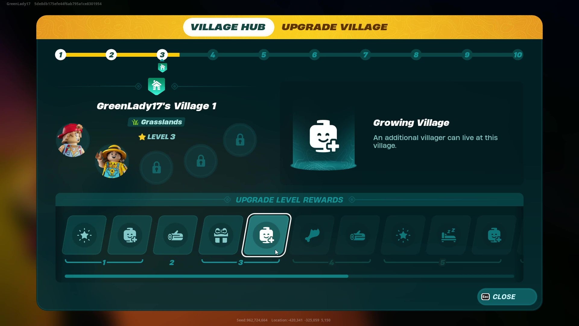 The Village Hub menu screen in LEGO Fortnite, showing a village at Level 3 with maximum possible villagers moved in. - 4