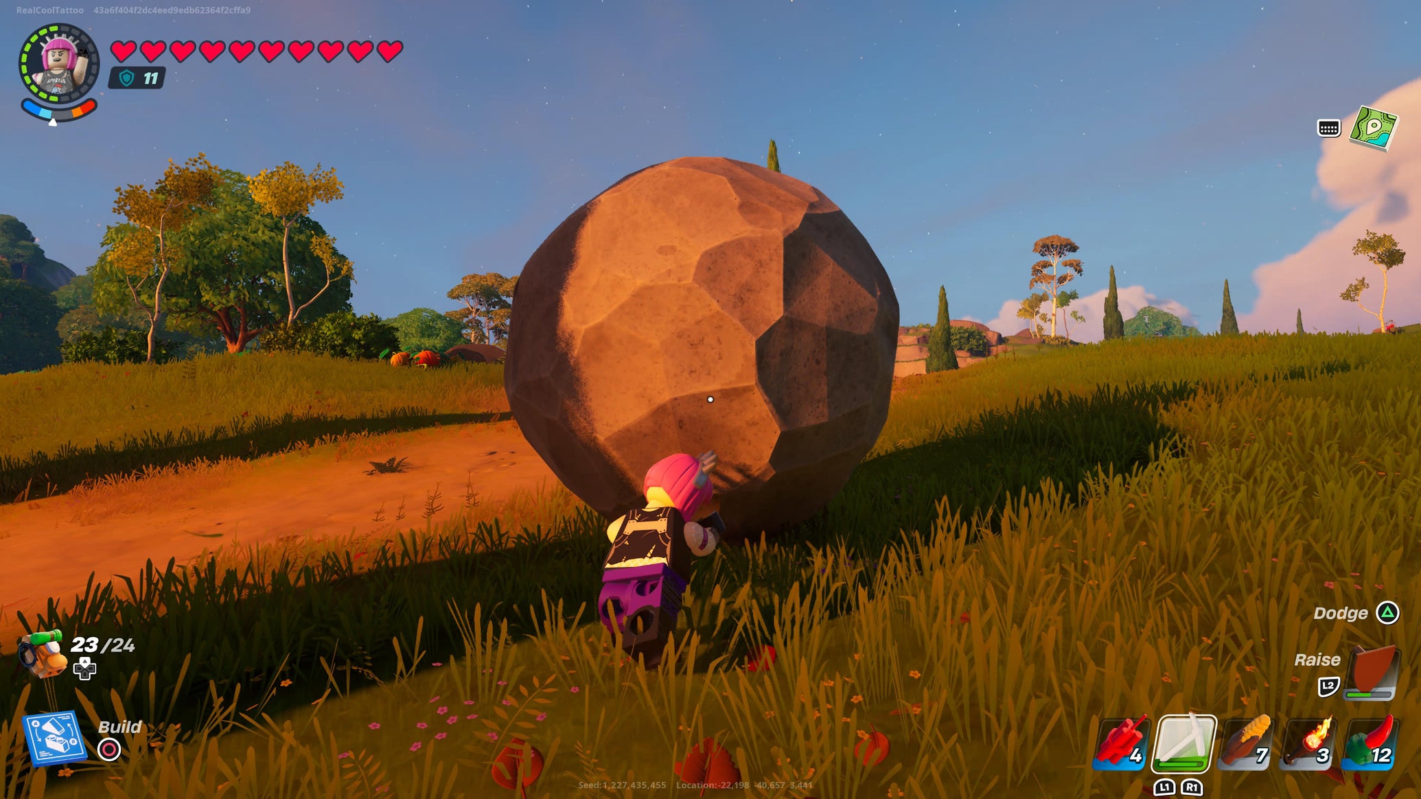 Power Chord rolling a boulder up a grassy hill in LEGO Fortnite - 1