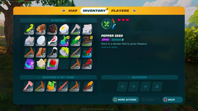The inventory screen in LEGO Fortnite showing a hot pepper