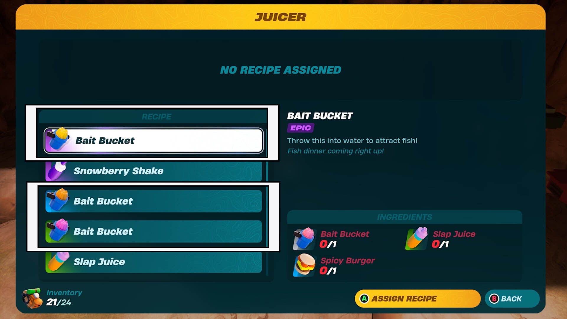 lego fortnite juicer bait buckets in recipe menu