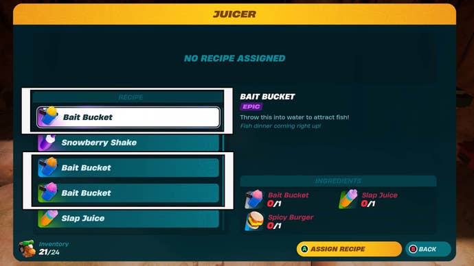 lego fortnite juicer bait buckets in recipe menu
