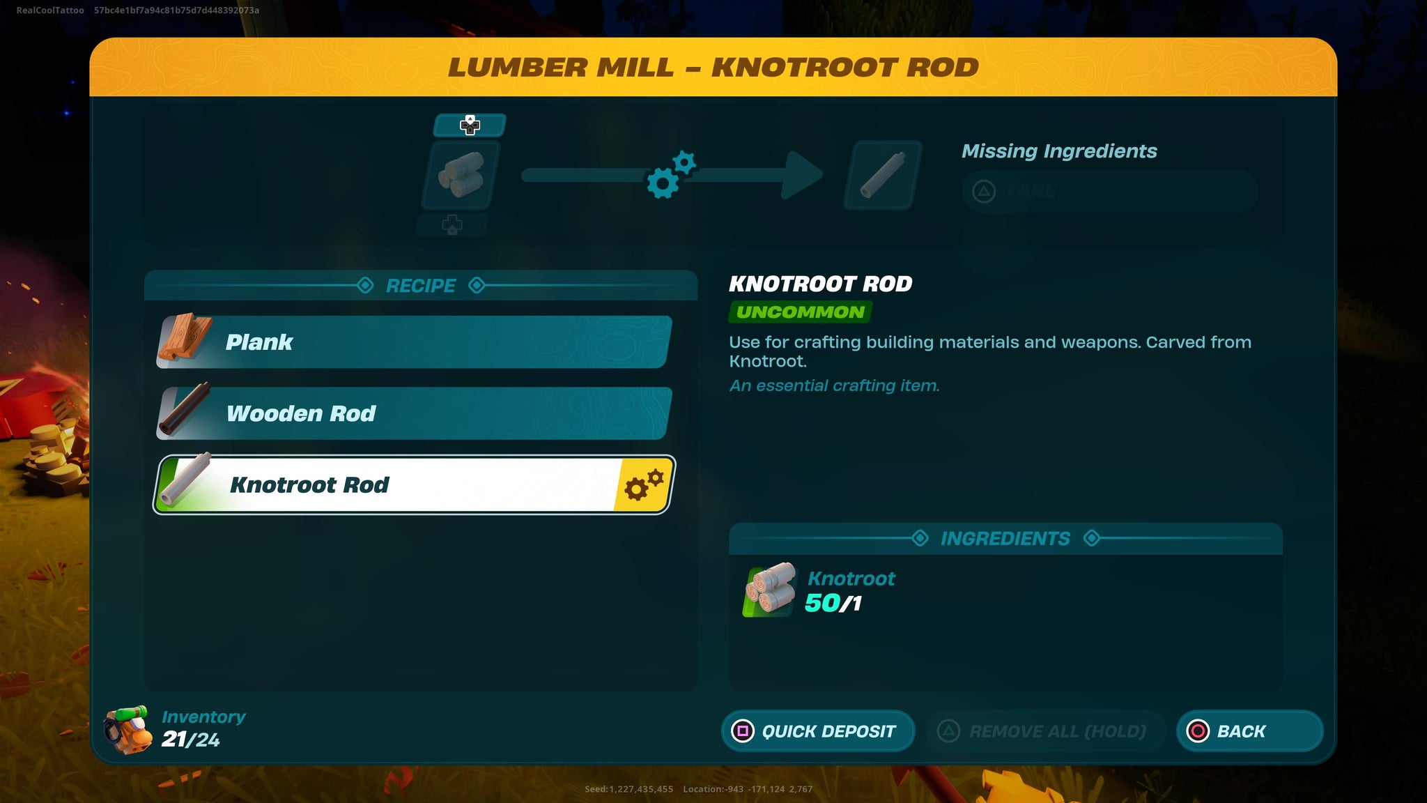 The lumber mill menu in LEGO Fortnite refining Knotroot into rods - 4