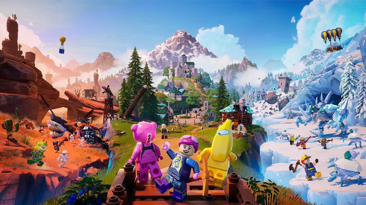 Three Fortnite characters walking towards a LEGO world filled with monsters and other characters in LEGO Fortnite - 1